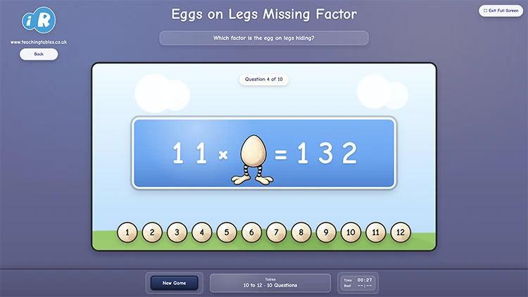 Eggs on Legs missing factor times tables game