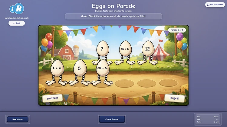 Eggs on Parade division game with division questions and answers on egg characters