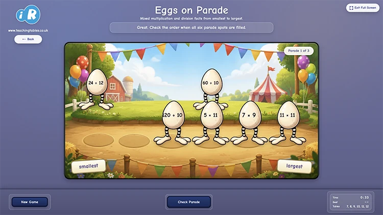 Eggs on Parade mixed multiplication and division game with fact cards on egg characters