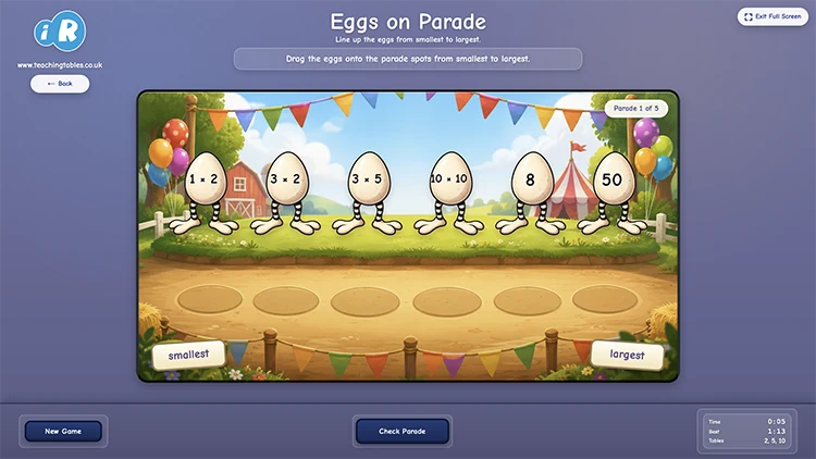 Eggs on Parade times tables game with multiplication questions and answers on egg characters