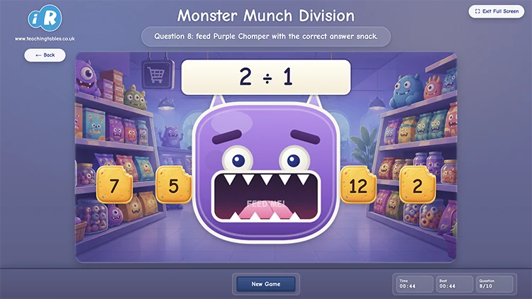 Monster Munch Division game showing a friendly monster, division question and answer snacks