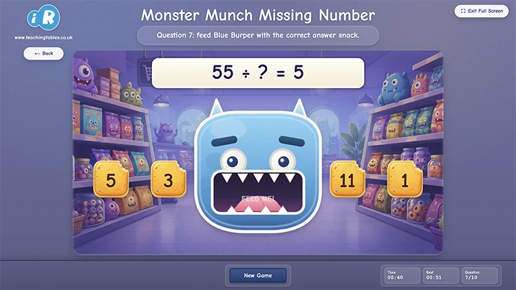 Monster Munch Missing Number game showing a multiplication or division equation with a missing value