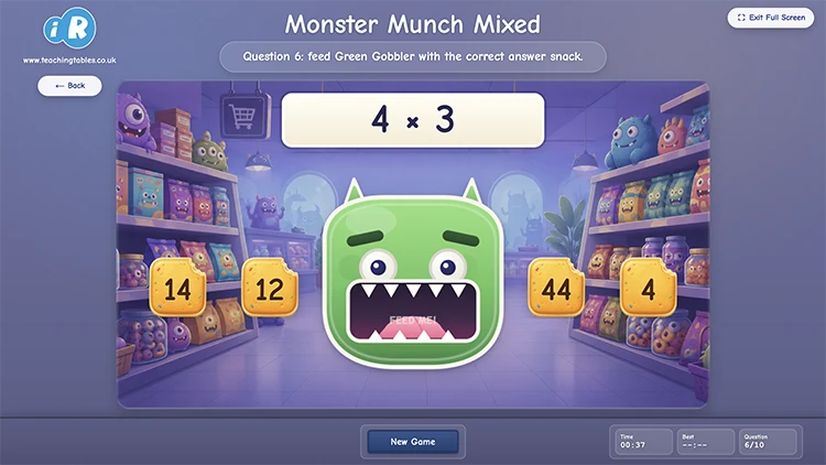 Monster Munch Mixed game combining multiplication and division questions with answer snacks