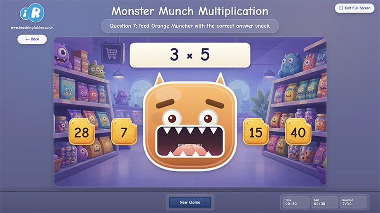 Monster Munch Multiplication game showing a friendly monster, multiplication question and answer snacks