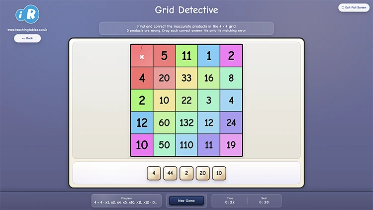 Grid Detective game showing a colourful multiplication grid containing incorrect products to find