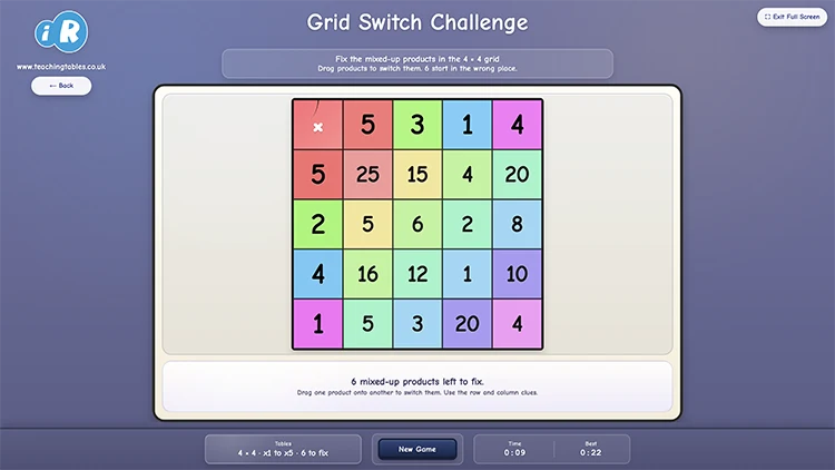 Grid Switch Challenge showing a colourful multiplication grid with products that need swapping