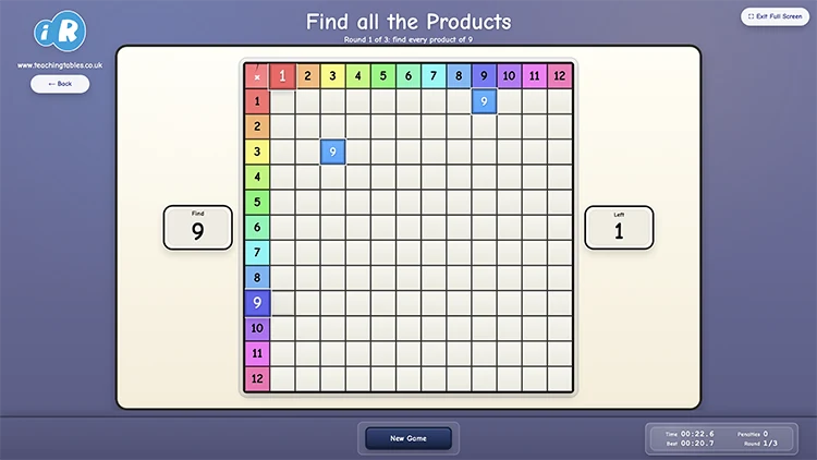 Find All the Products multiplication game
