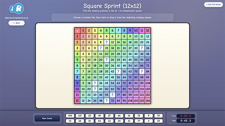Square Sprint (12x12) multiplication game