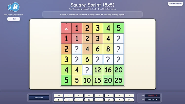 Square Sprint (5x5) multiplication game