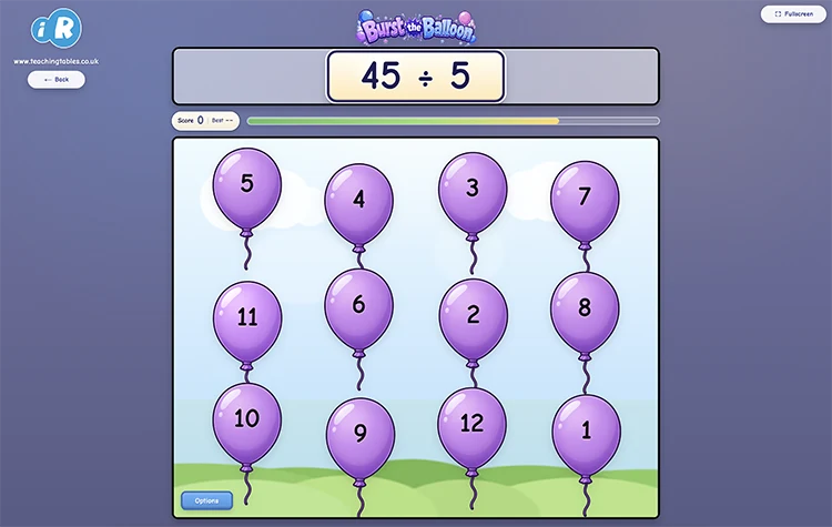 Burst the Balloon division facts game with answer balloons