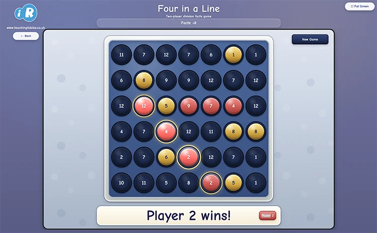 Four in a Line division facts game showing counters on a connect-four board