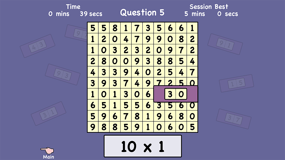 Frame game for finding multiplication answers in a grid