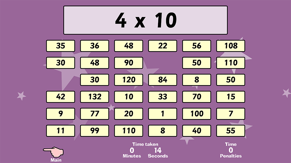 Wipeout wall multiplication game for clearing times tables facts