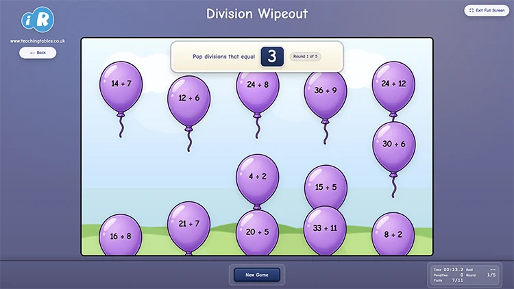 Division Wipeout game showing division calculations on balloons around a target answer