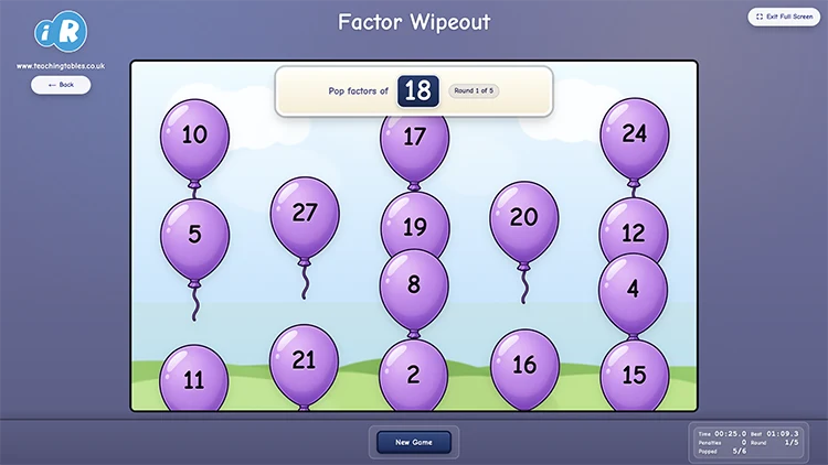 Factor Wipeout game showing number balloons around a target number