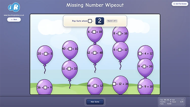 Missing Number Wipeout game showing multiplication facts with missing numbers on balloons