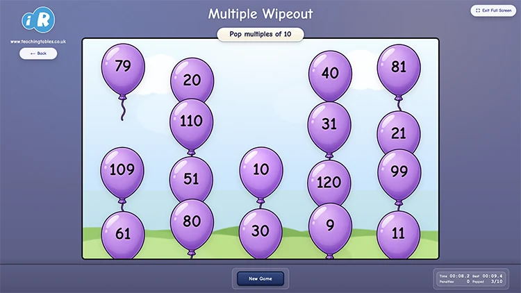 Multiple Wipeout game showing number balloons in a multiples challenge
