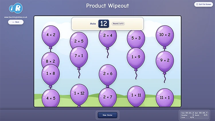 Product Wipeout game showing multiplication calculations on balloons around a target product