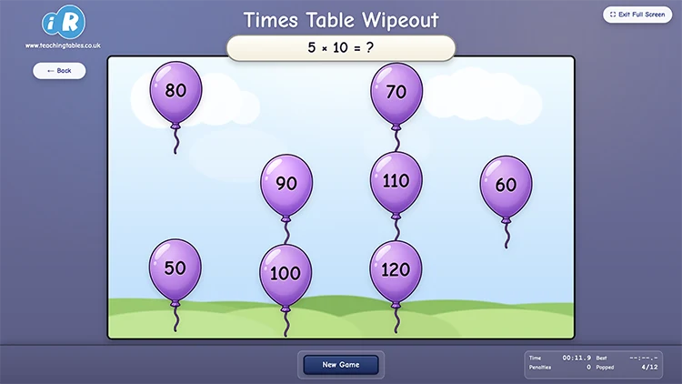 Times Table Wipeout game showing twelve answer balloons for a selected multiplication table