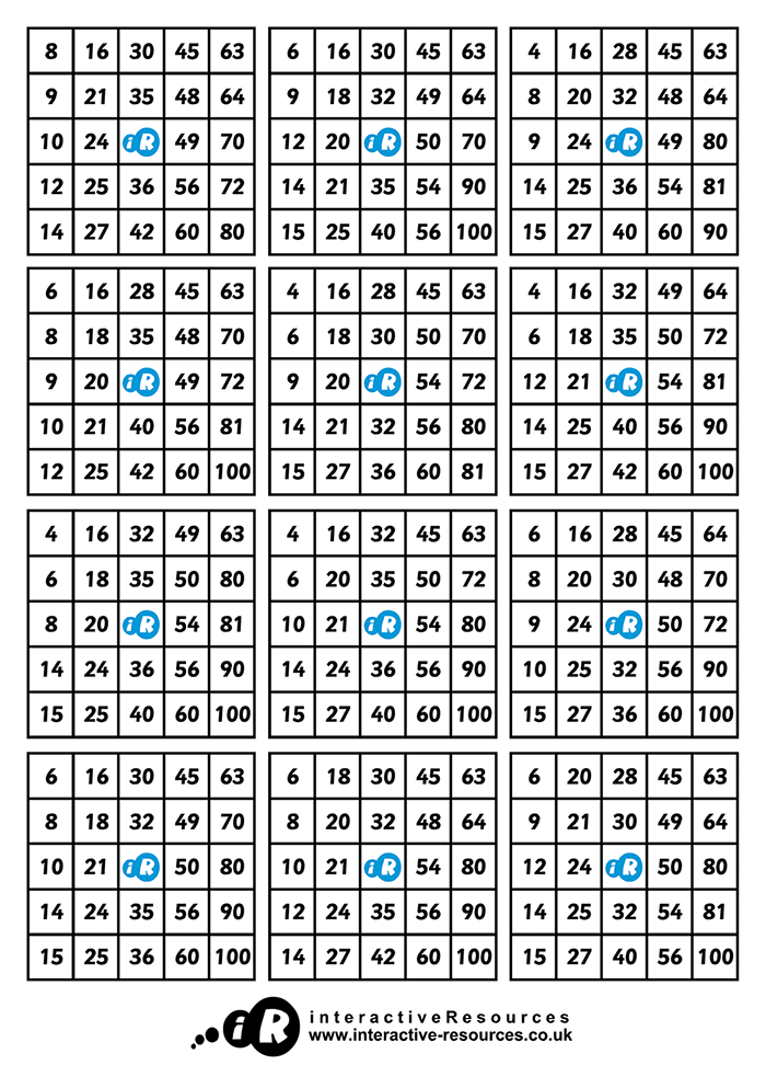 Times Tables Bingo Cards