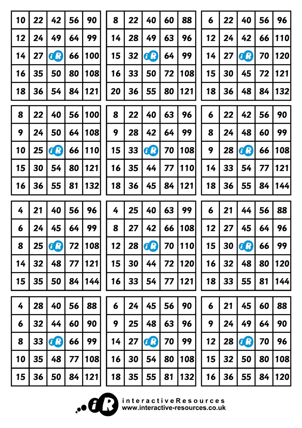 Times Tables Bingo Cards