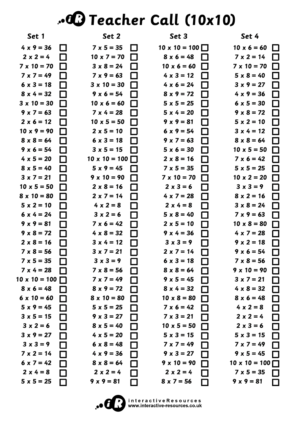 Times Tables Bingo Cards for Teachers