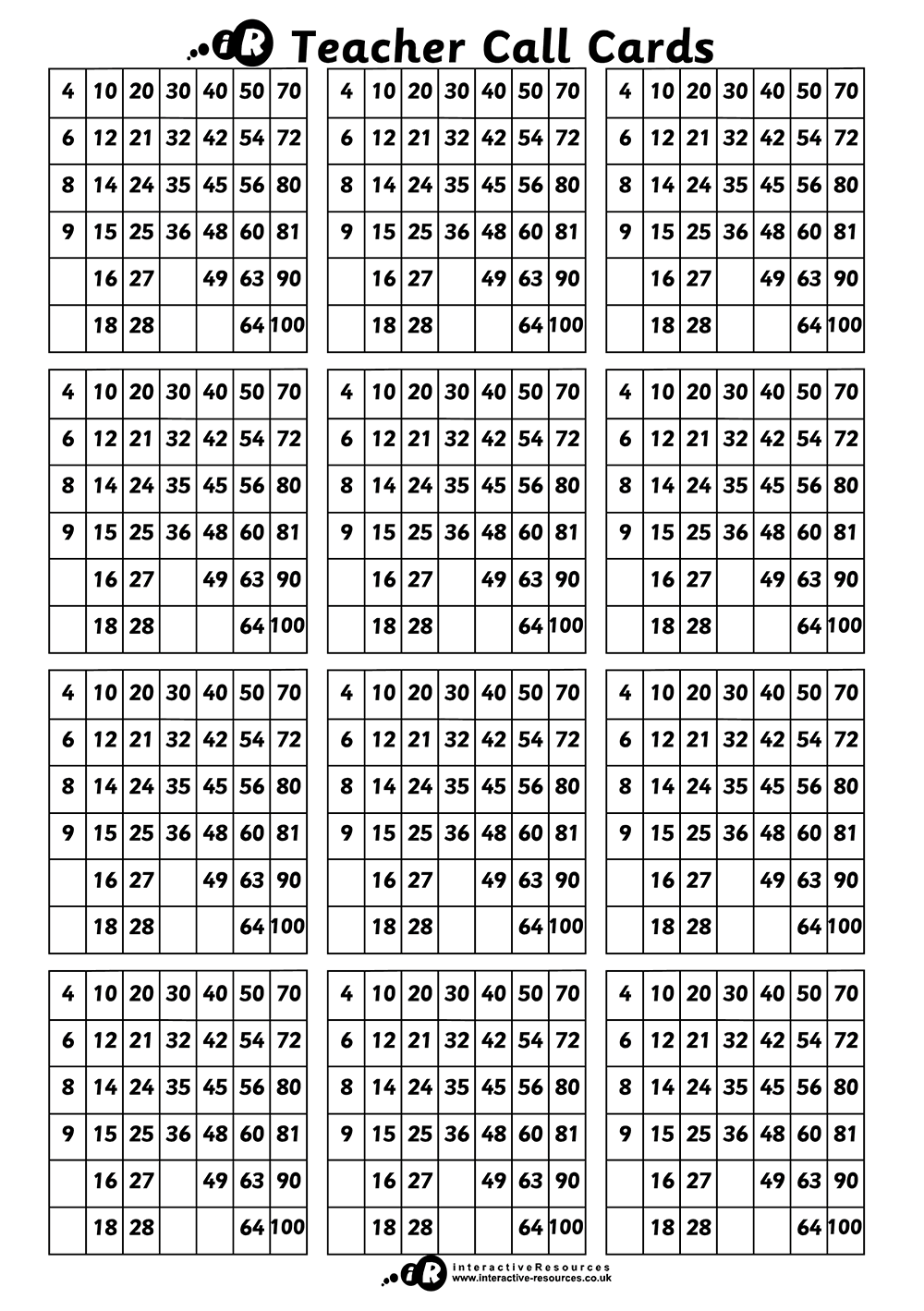 Times Tables Bingo Cards for Teachers
