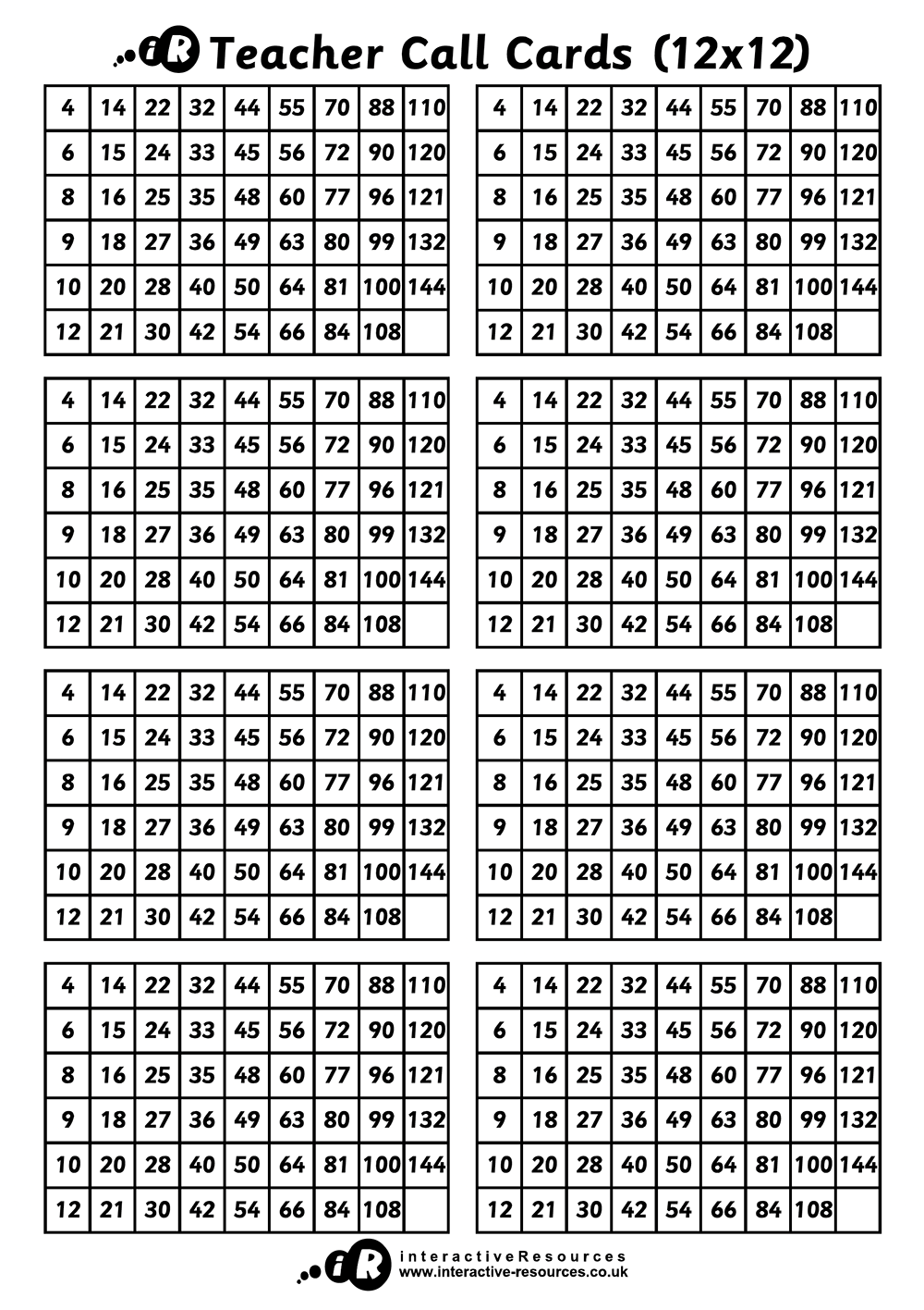 Times Tables Bingo Cards for Teachers