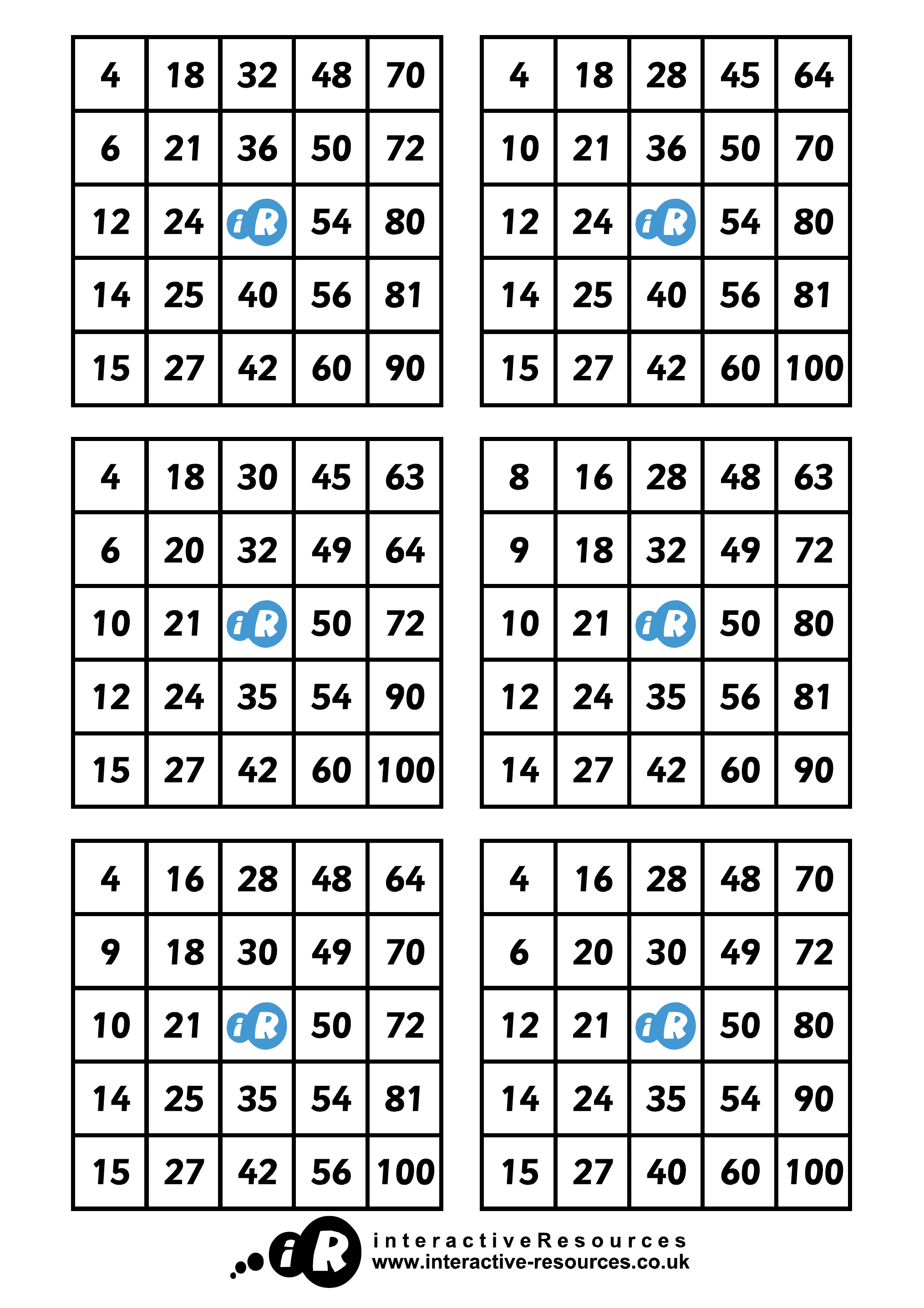 Times Tables Bingo Cards